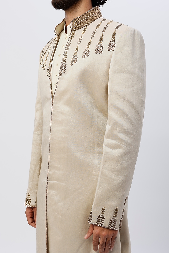 Beige Cotton Silk Zardosi Embroidered Wedding Sherwani Set by SHIRRIN DESIGN CO. MEN at Pernia's Pop Up Shop