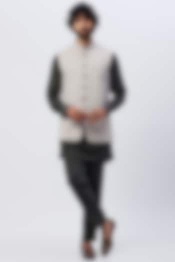 Dark Grey Silk Kurta Set With Bundi Jacket by SHIRRIN DESIGN CO. MEN