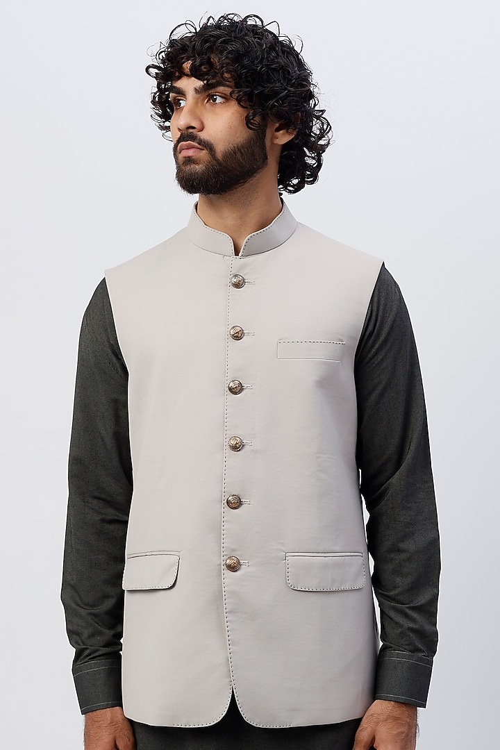 Dark Grey Silk Kurta Set With Bundi Jacket by SHIRRIN DESIGN CO. MEN at Pernia's Pop Up Shop