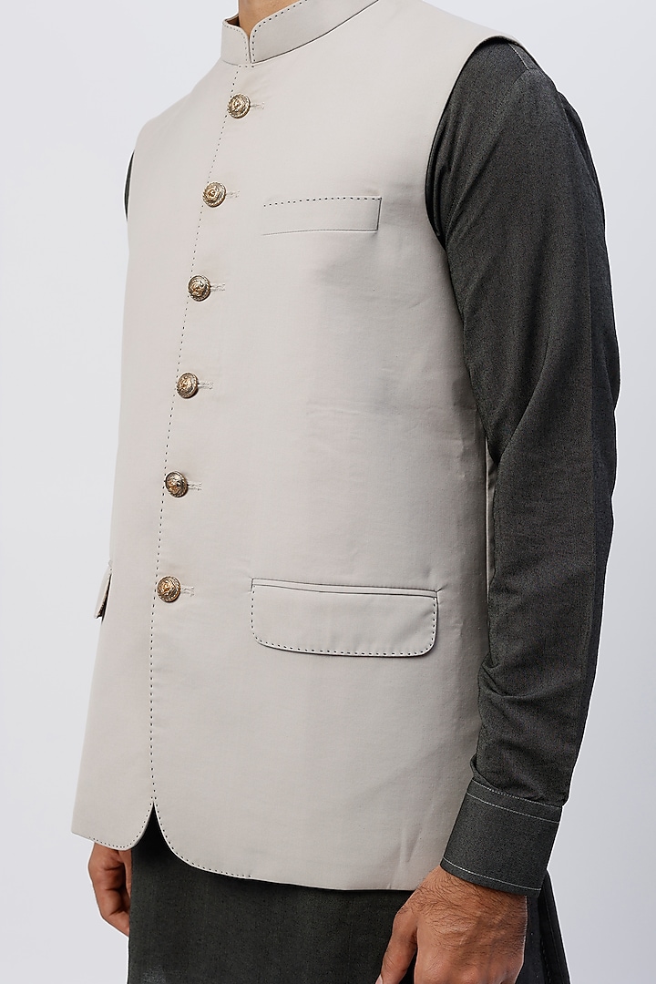 Dark Grey Silk Kurta Set With Bundi Jacket by SHIRRIN DESIGN CO. MEN at Pernia's Pop Up Shop