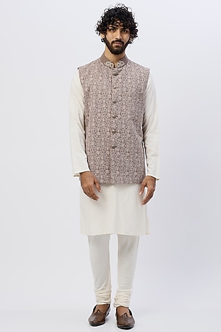 Taupe Embroidered Bundi Jacket With Kurta Set by SHIRRIN DESIGN CO. MEN