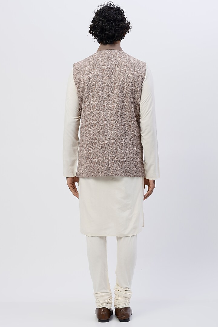 Taupe Embroidered Bundi Jacket With Kurta Set by SHIRRIN DESIGN CO. MEN at Pernia's Pop Up Shop
