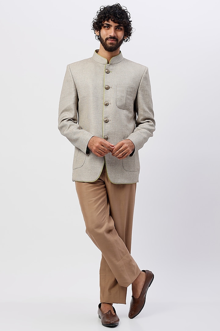 Grey Silk Jodhpuri Jacket by SHIRRIN DESIGN CO. MEN