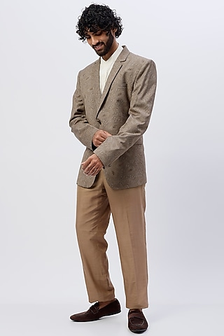Brown Beige Printed Blazer by SHIRRIN DESIGN CO. MEN