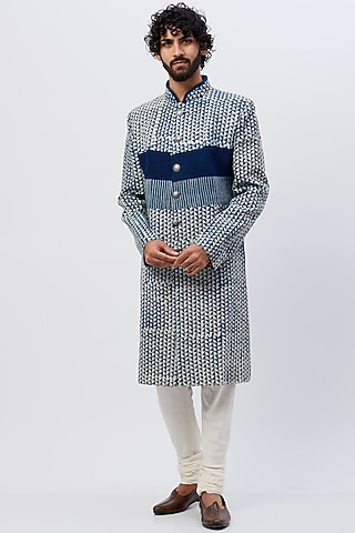 Blue Printed Sherwani by SHIRRIN DESIGN CO. MEN