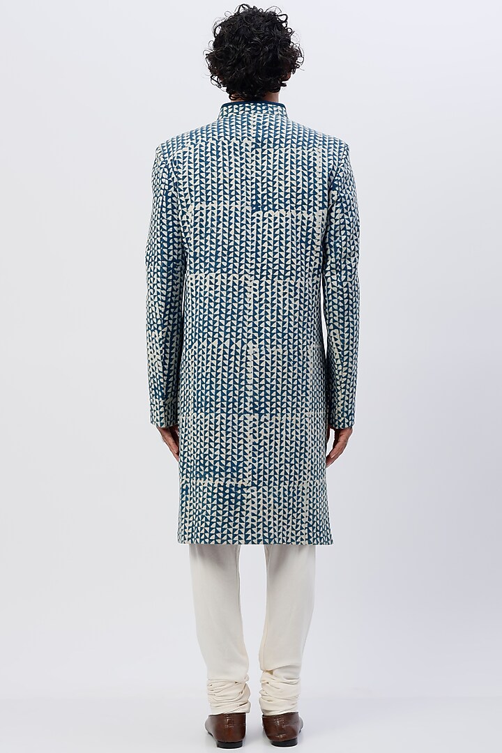 Blue Printed Wedding Sherwani by SHIRRIN DESIGN CO. MEN at Pernia's Pop Up Shop