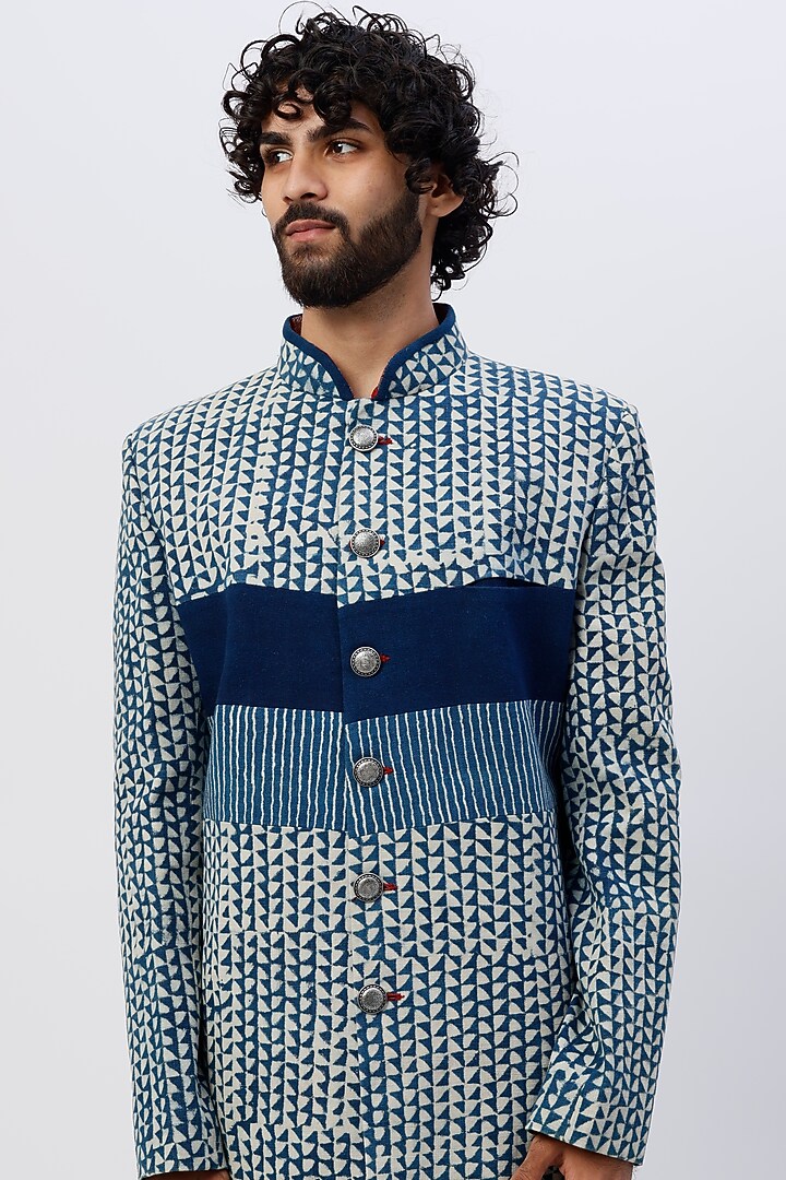 Blue Printed Wedding Sherwani by SHIRRIN DESIGN CO. MEN at Pernia's Pop Up Shop