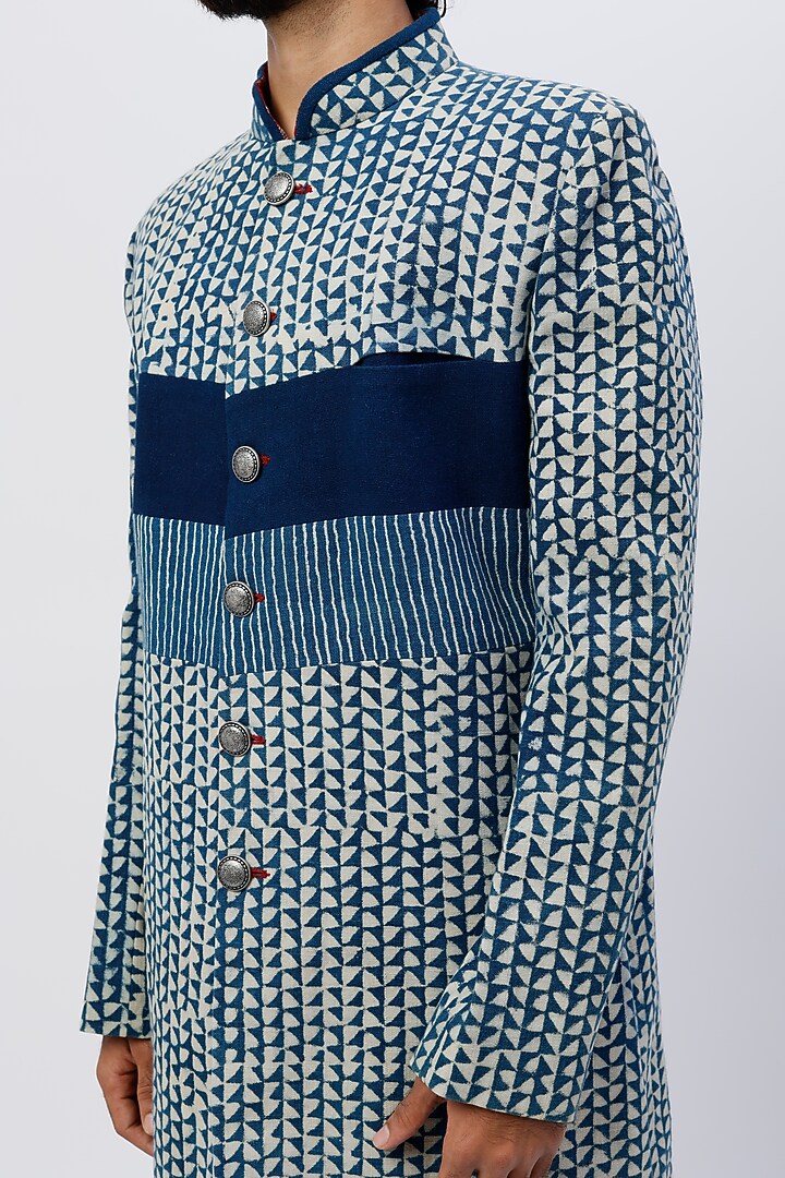 Blue Printed Wedding Sherwani by SHIRRIN DESIGN CO. MEN at Pernia's Pop Up Shop