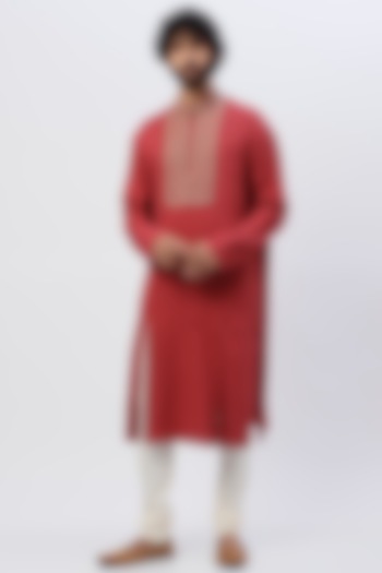 Maroon Silk Kurta by SHIRRIN DESIGN CO. MEN