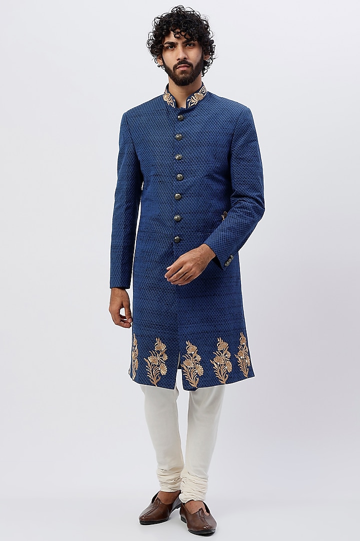 Royal Blue Embroidered Sherwani by SHIRRIN DESIGN CO. MEN