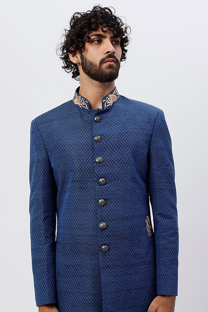 Royal Blue Embroidered Wedding Sherwani by SHIRRIN DESIGN CO. MEN at Pernia's Pop Up Shop