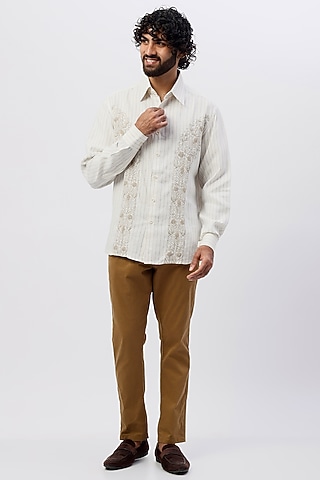 White Printed & Embroidered Shirt by SHIRRIN DESIGN CO. MEN