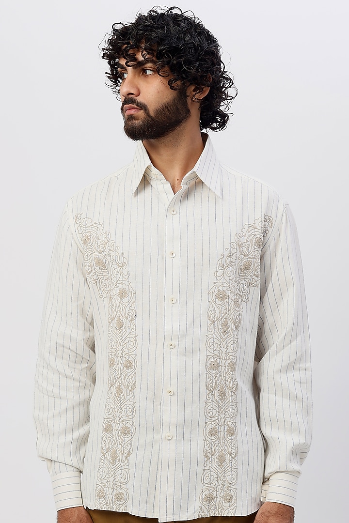 White Printed & Embroidered Party Wear Shirt by SHIRRIN DESIGN CO. MEN at Pernia's Pop Up Shop