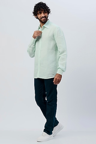 Mint Green Linen Shirt by SHIRRIN DESIGN CO. MEN