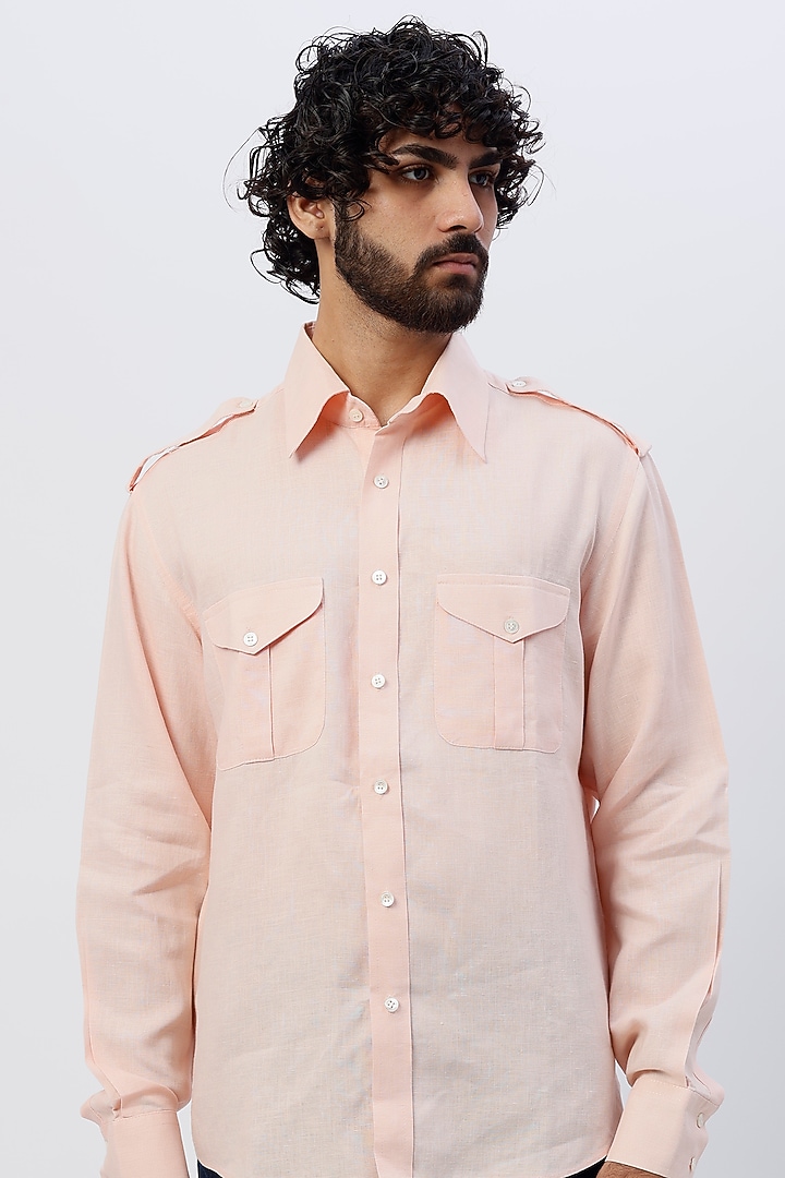 Peach Linen Party Wear Shirt by SHIRRIN DESIGN CO. MEN at Pernia's Pop Up Shop