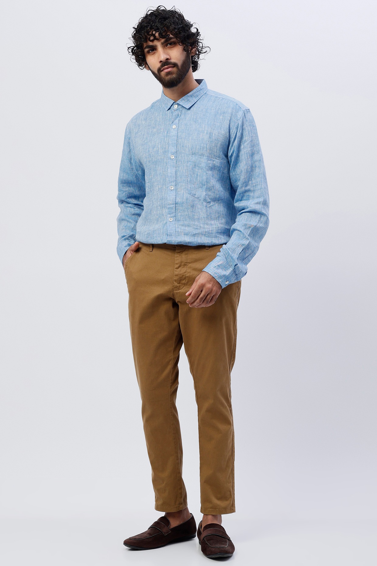 Blue Linen Shirt Design by SHIRRIN DESIGN CO. MEN at Pernia's Pop