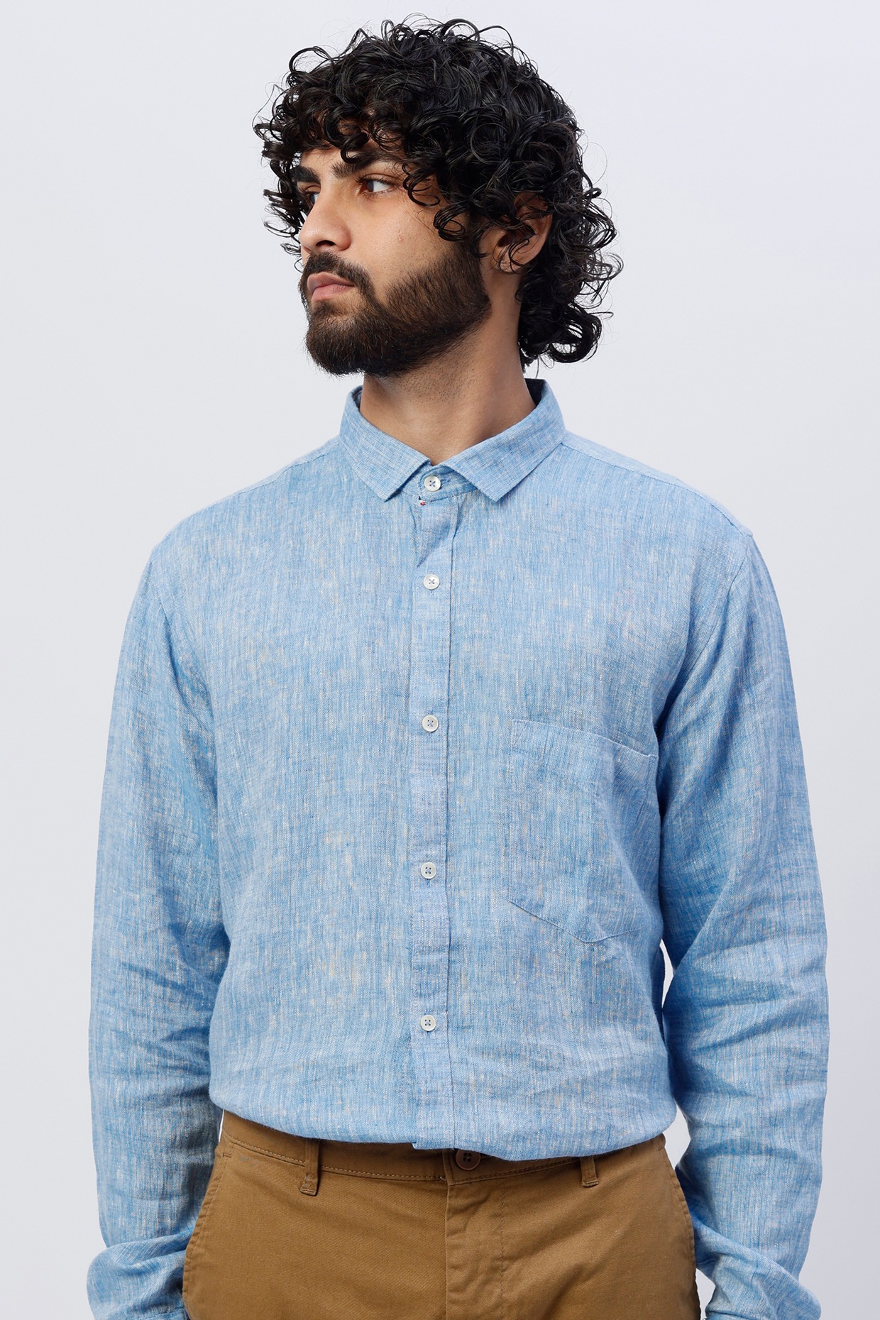 Blue Linen Shirt Design by SHIRRIN DESIGN CO. MEN at Pernia's Pop