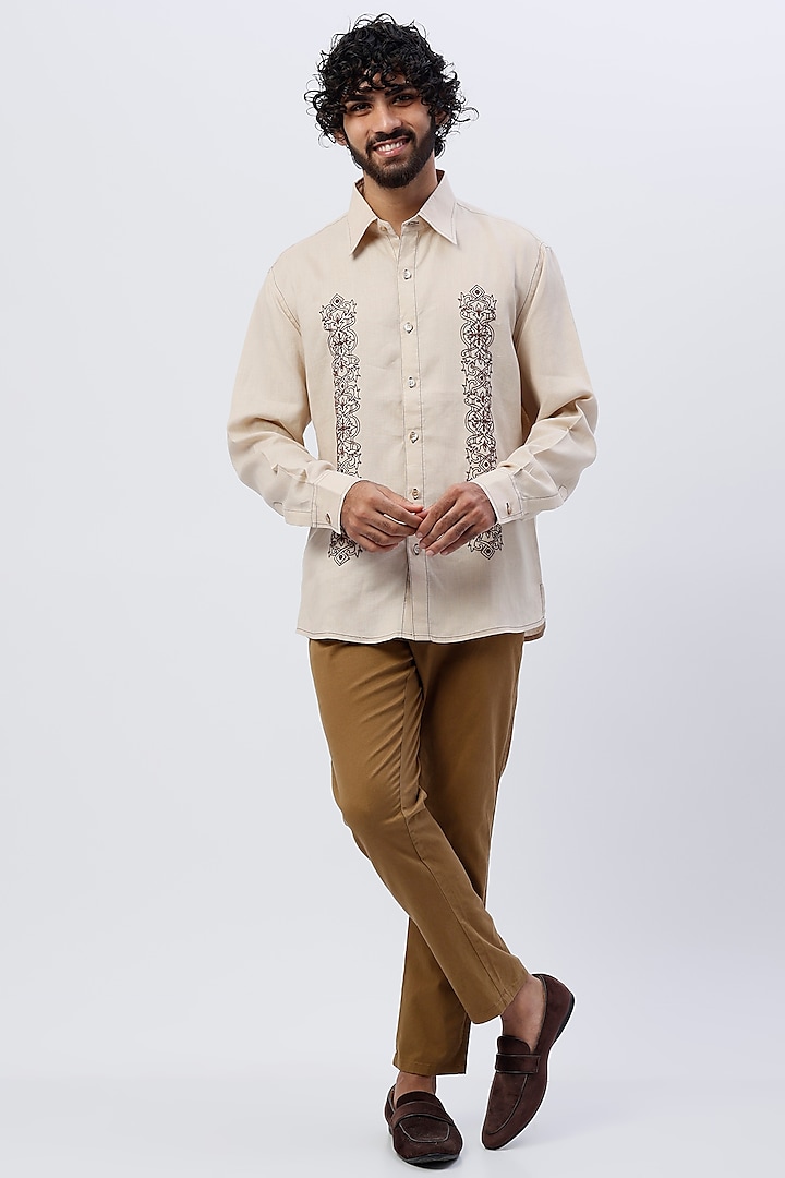 Beige Embroidered Shirt Design by SHIRRIN DESIGN CO. MEN at Pernia's Pop Up  Shop 2024