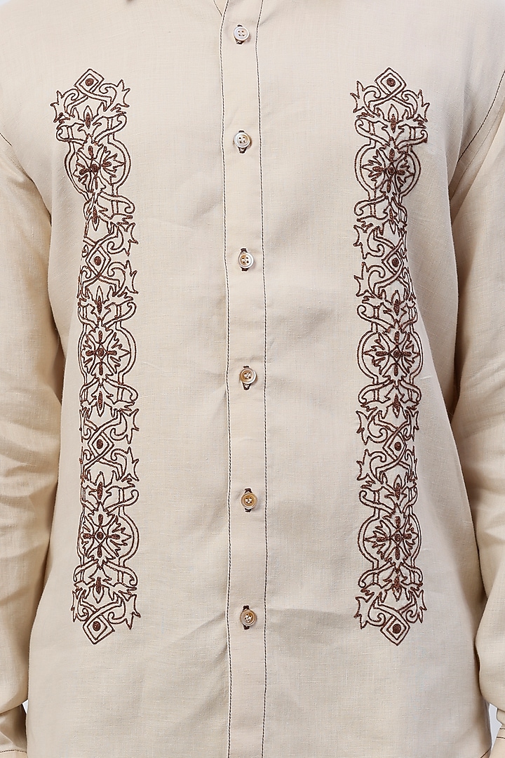 Beige Embroidered Party Wear Shirt by SHIRRIN DESIGN CO. MEN at Pernia's Pop Up Shop