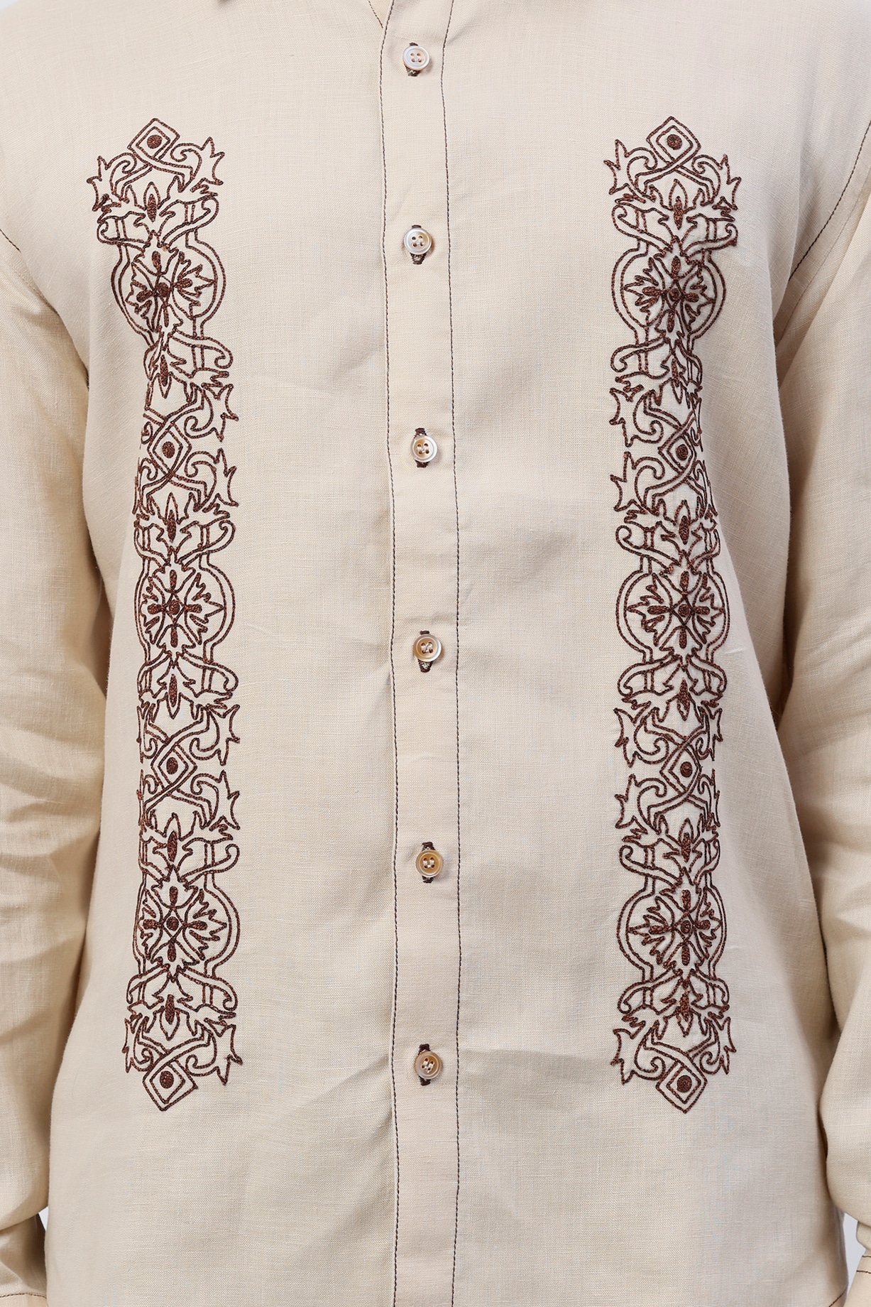 Beige Embroidered Shirt Design by SHIRRIN DESIGN CO. MEN at Pernia's Pop Up  Shop 2024