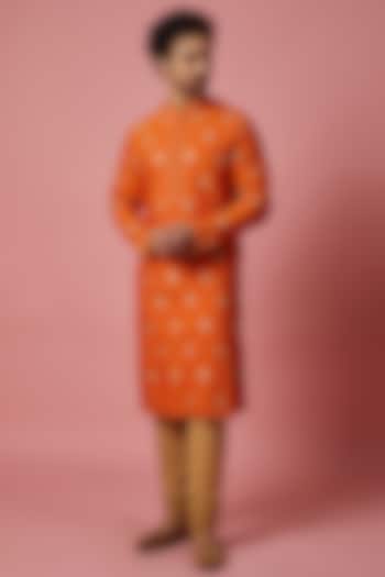 Orange Cotton Silk Thread Embroidered Kurta Set by SHIRRIN DESIGN CO. MEN
