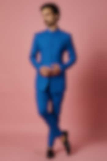 Blue Cotton Blend Suiting Bandhgala Set by SHIRRIN DESIGN CO. MEN