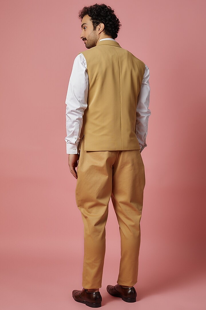 Beige Poly Silk Waistcoat Set by SHIRRIN DESIGN CO. MEN at Pernia's Pop Up Shop