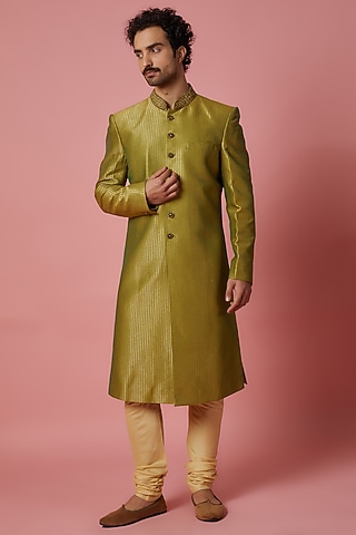 Apple Green Brocade Silk Embroidered Sherwani Set by SHIRRIN DESIGN CO. MEN