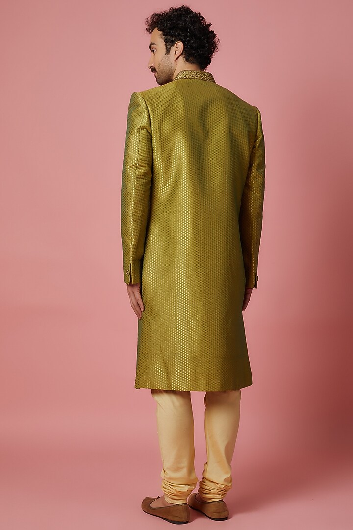 Apple Green Brocade Silk Embroidered Wedding Sherwani Set by SHIRRIN DESIGN CO. MEN at Pernia's Pop Up Shop