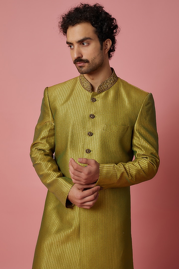 Apple Green Brocade Silk Embroidered Wedding Sherwani Set by SHIRRIN DESIGN CO. MEN at Pernia's Pop Up Shop