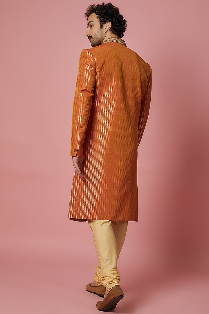 Orange Brocade Silk Embroidered Wedding Sherwani Set by SHIRRIN DESIGN CO. MEN at Pernia's Pop Up Shop