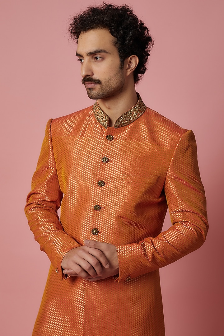 Orange Brocade Silk Embroidered Wedding Sherwani Set by SHIRRIN DESIGN CO. MEN at Pernia's Pop Up Shop