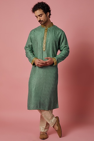 Sage Green Silk Embroidered Kurta Set by SHIRRIN DESIGN CO. MEN