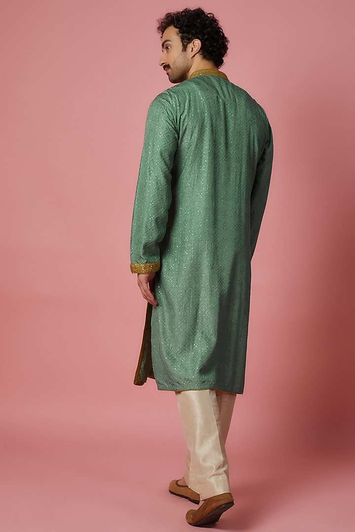 Sage Green Silk Embroidered Kurta Set by SHIRRIN DESIGN CO. MEN at Pernia's Pop Up Shop