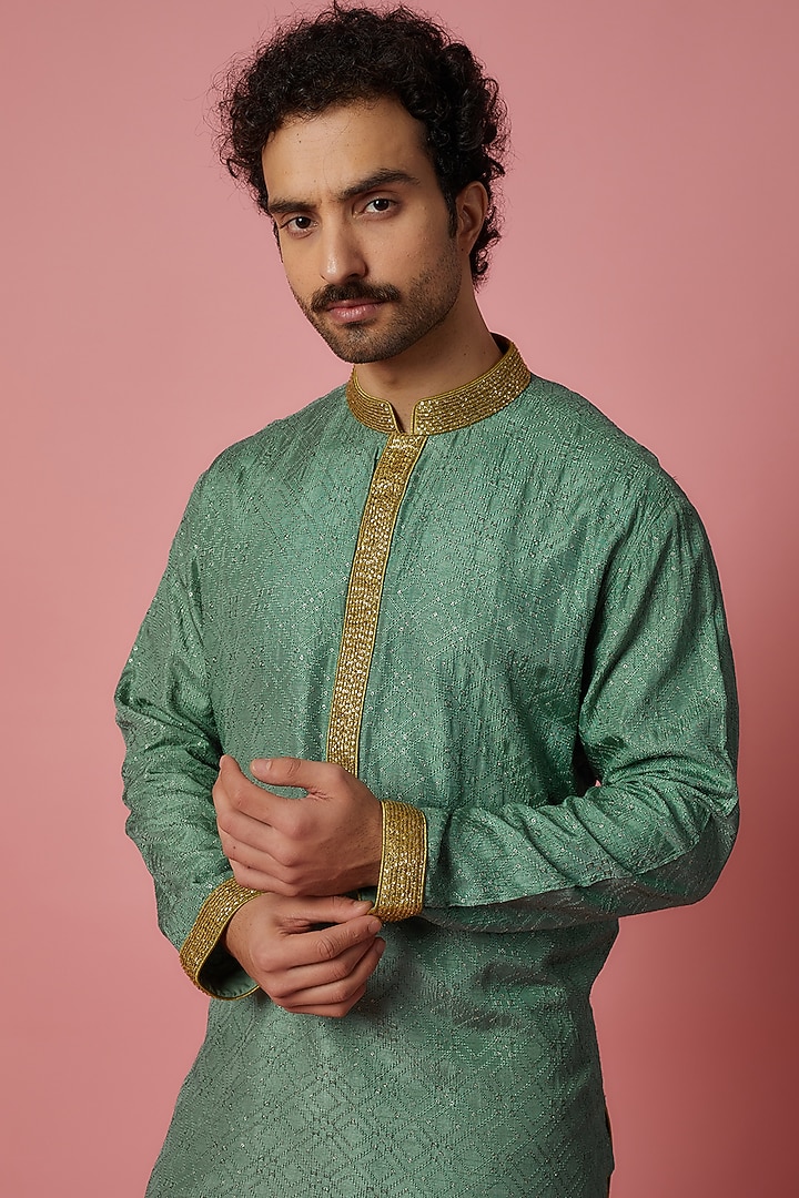 Sage Green Silk Embroidered Kurta Set by SHIRRIN DESIGN CO. MEN at Pernia's Pop Up Shop