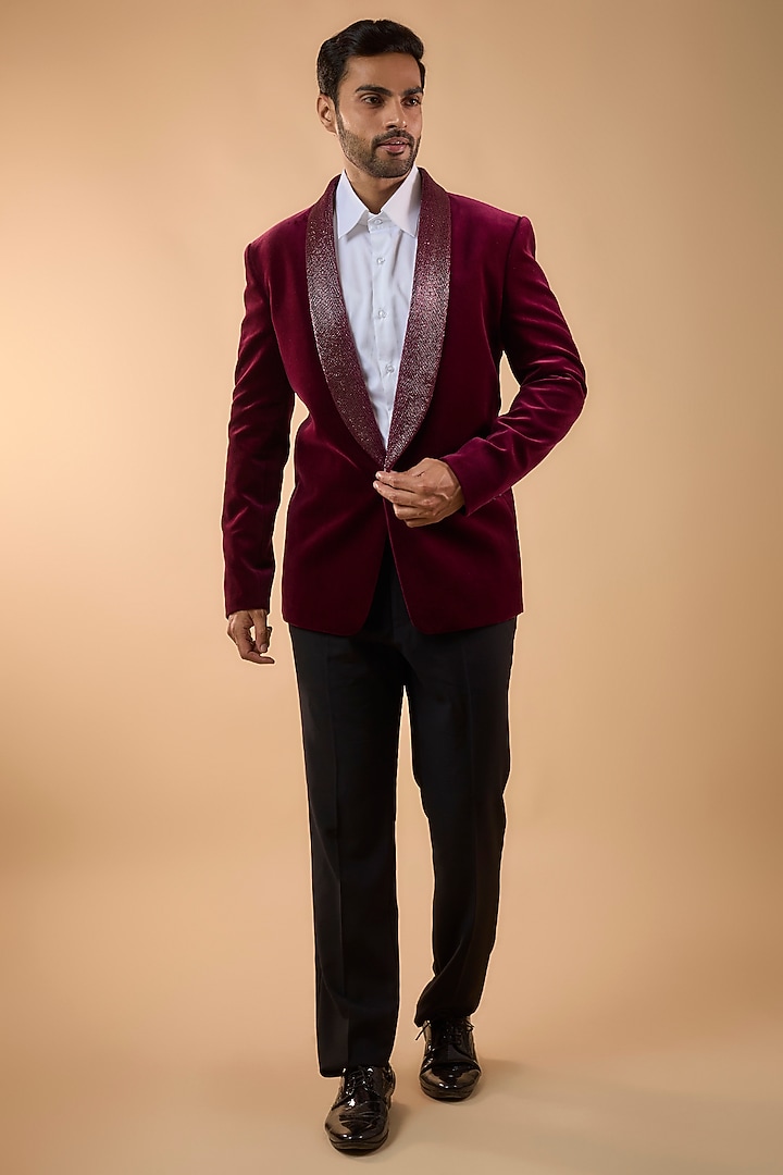Maroon Velvet Tuxedo Set by SDS by KUSHAL SHAH at Pernia's Pop Up Shop