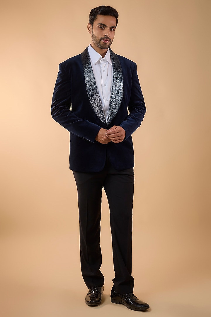 Navy Blue Velvet Tuxedo Set by SDS by KUSHAL SHAH at Pernia's Pop Up Shop