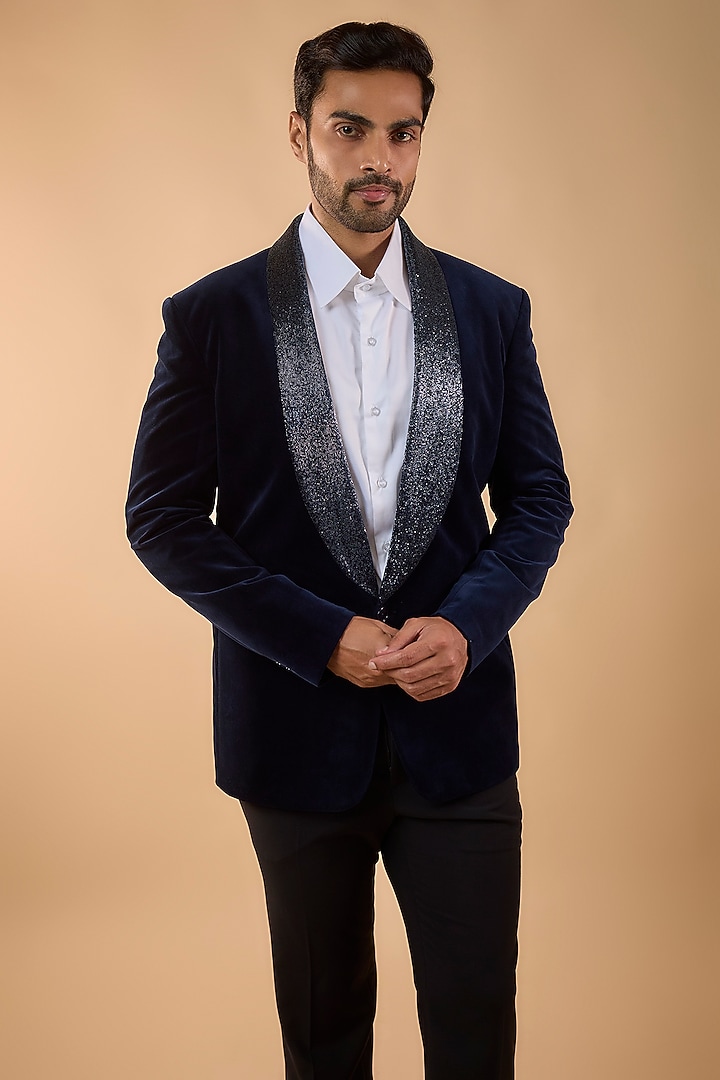 Navy Blue Velvet Tuxedo Set by SDS by KUSHAL SHAH at Pernia's Pop Up Shop
