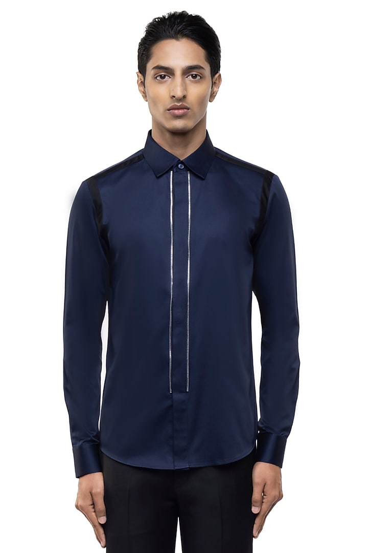 Navy Giza Cotton Party Wear Shirt by SDS by KUSHAL SHAH at Pernia's Pop Up Shop