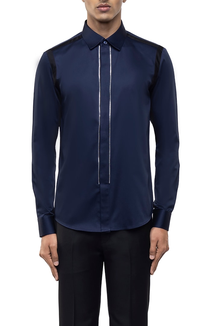 Navy Giza Cotton Party Wear Shirt by SDS by KUSHAL SHAH at Pernia's Pop Up Shop