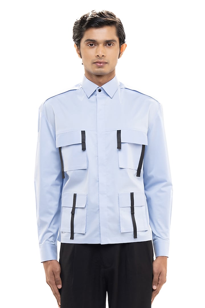Light Blue Cotton Elastane Party Wear Shirt by SDS by KUSHAL SHAH at Pernia's Pop Up Shop