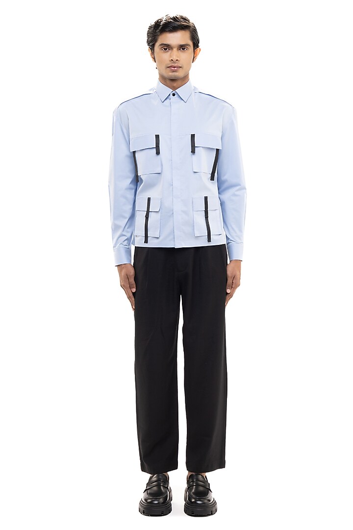 Light Blue Cotton Elastane Party Wear Shirt by SDS by KUSHAL SHAH at Pernia's Pop Up Shop