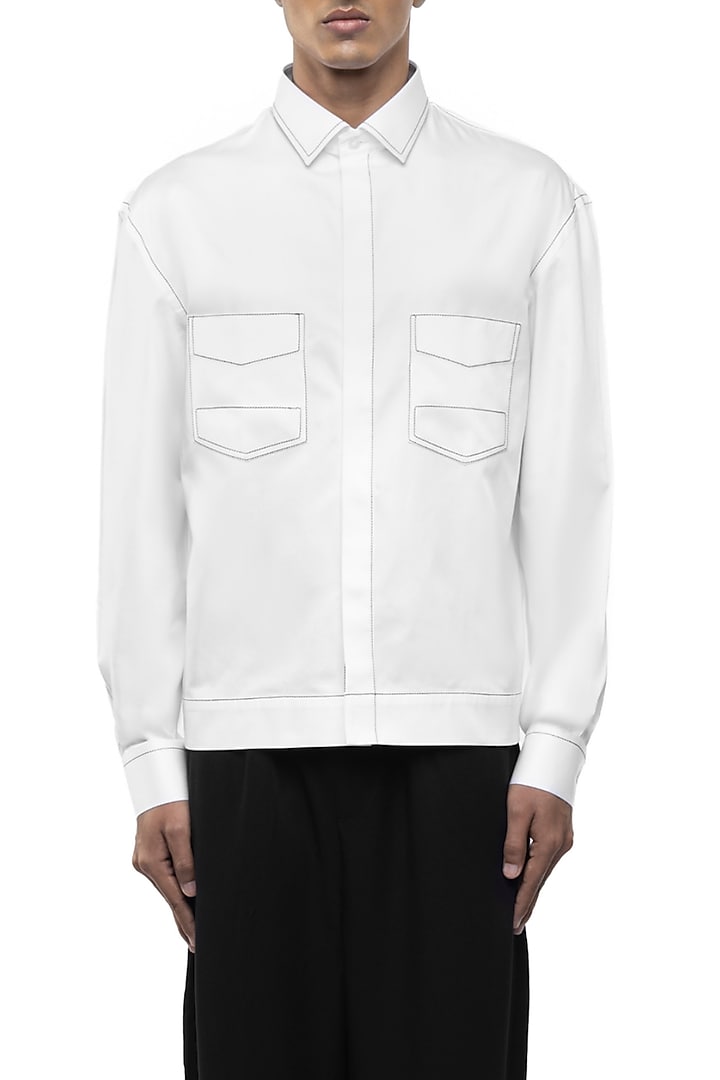White Giza Cotton Party Wear Shirt by SDS by KUSHAL SHAH at Pernia's Pop Up Shop