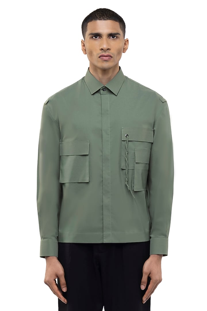 Sage Green Cotton Elastane Party Wear Shirt by SDS by KUSHAL SHAH at Pernia's Pop Up Shop