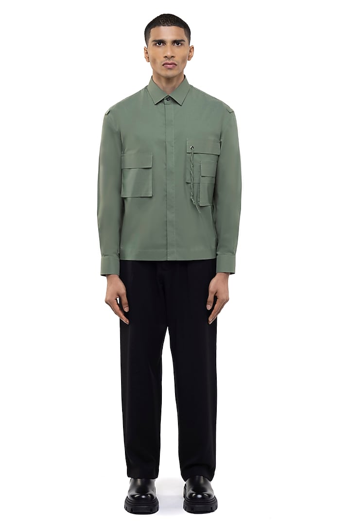 Sage Green Cotton Elastane Party Wear Shirt by SDS by KUSHAL SHAH at Pernia's Pop Up Shop
