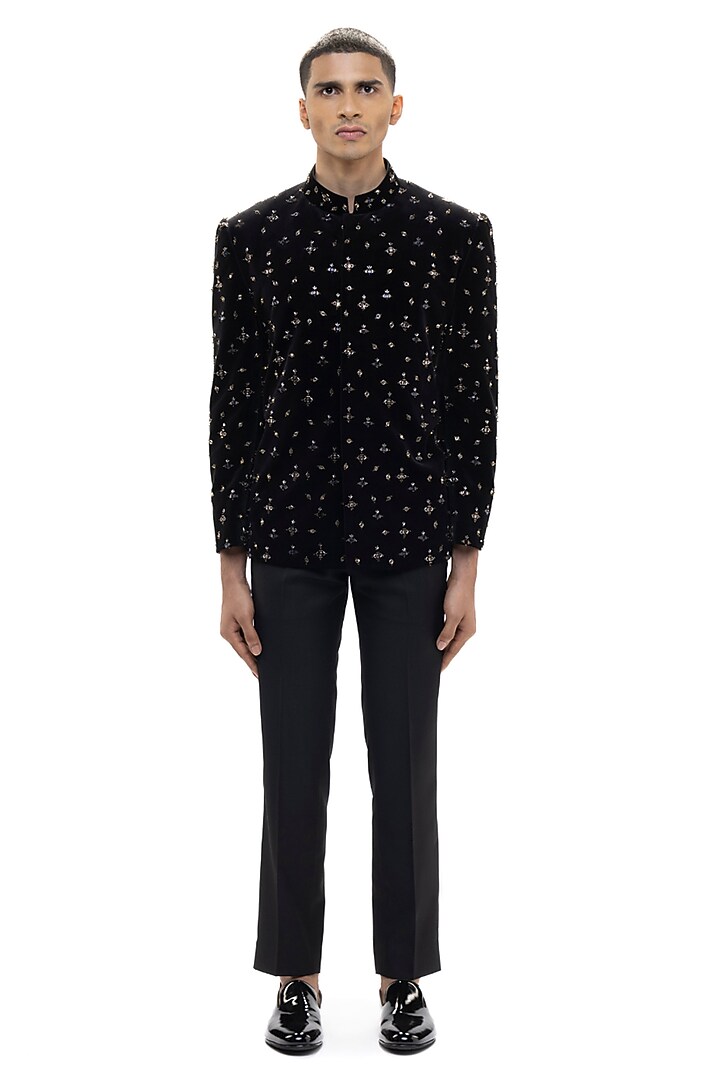 Black Velvet Motif Embellished Groom Bandhgala Set by SDS by KUSHAL SHAH at Pernia's Pop Up Shop