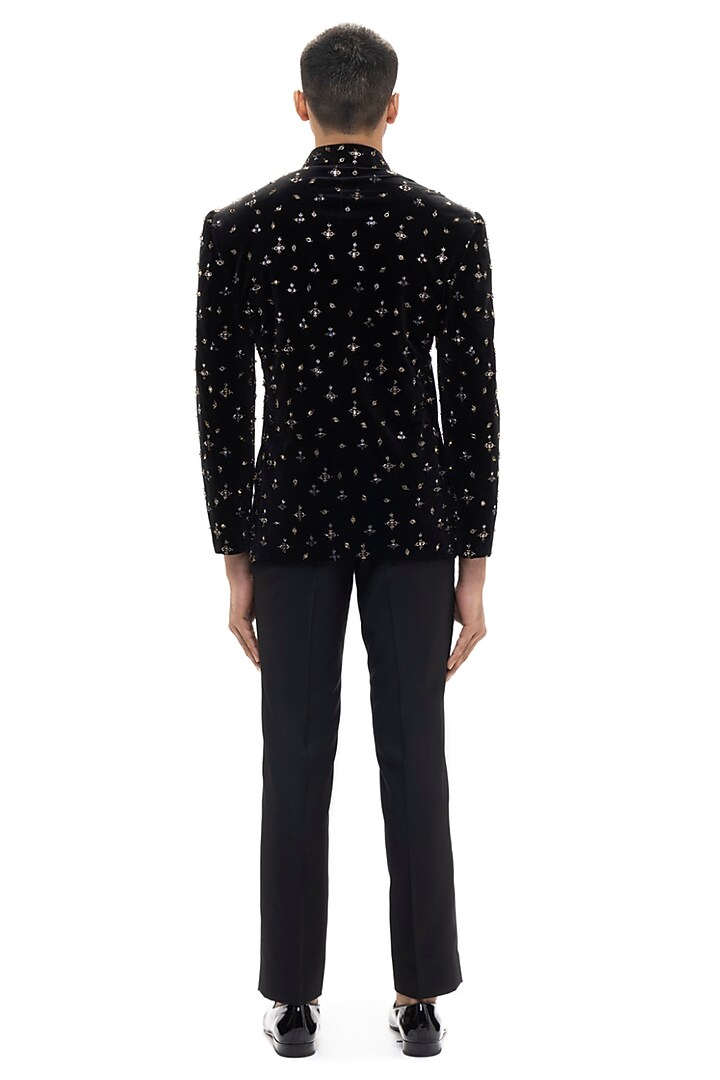 Black Velvet Motif Embellished Groom Bandhgala Set by SDS by KUSHAL SHAH at Pernia's Pop Up Shop