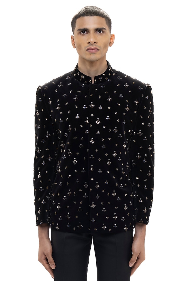 Black Velvet Motif Embellished Groom Bandhgala Set by SDS by KUSHAL SHAH at Pernia's Pop Up Shop