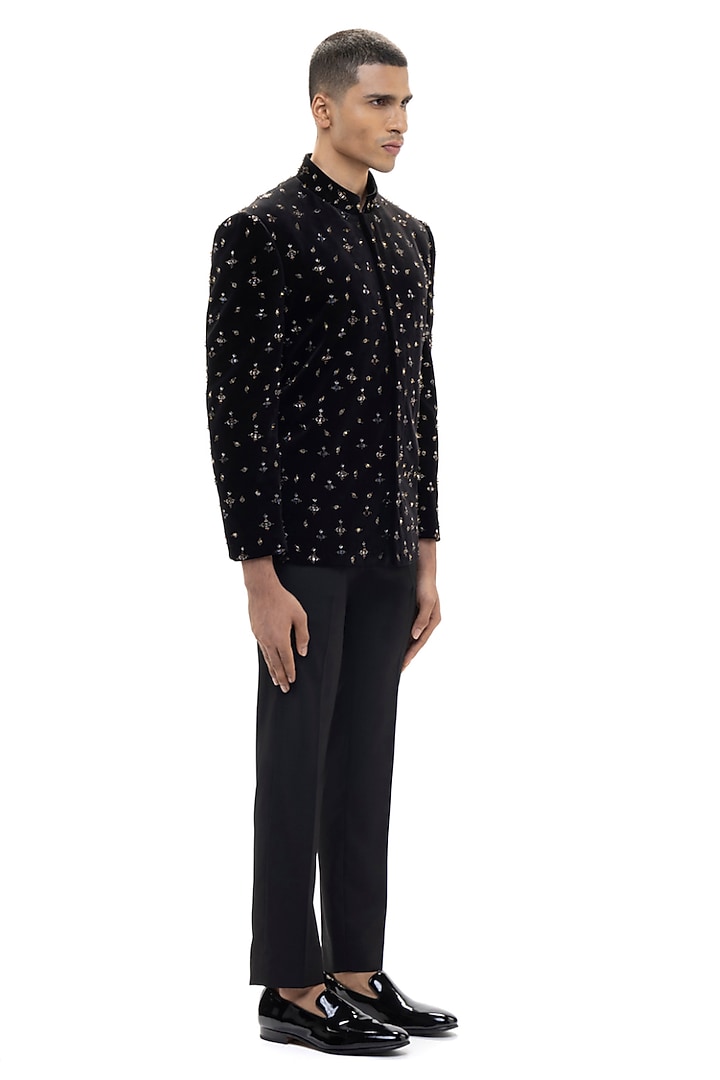 Black Velvet Motif Embellished Groom Bandhgala Set by SDS by KUSHAL SHAH at Pernia's Pop Up Shop