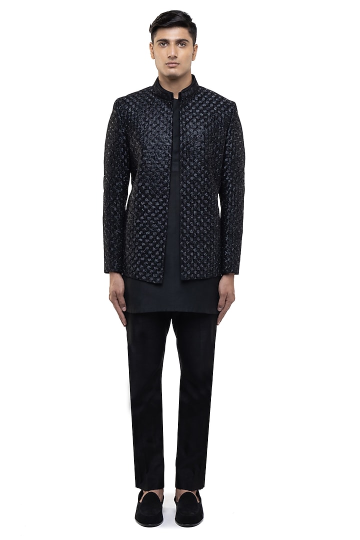 Black Silk Hand Embroidered Groom Bandhgala Set by SDS by KUSHAL SHAH at Pernia's Pop Up Shop